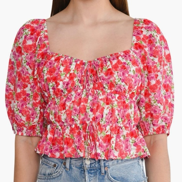 WAYF Avra Pink Red Floral Sweetheart Neckline Cottage Core Peplum Top sz L NWT - Picture 9 of 9